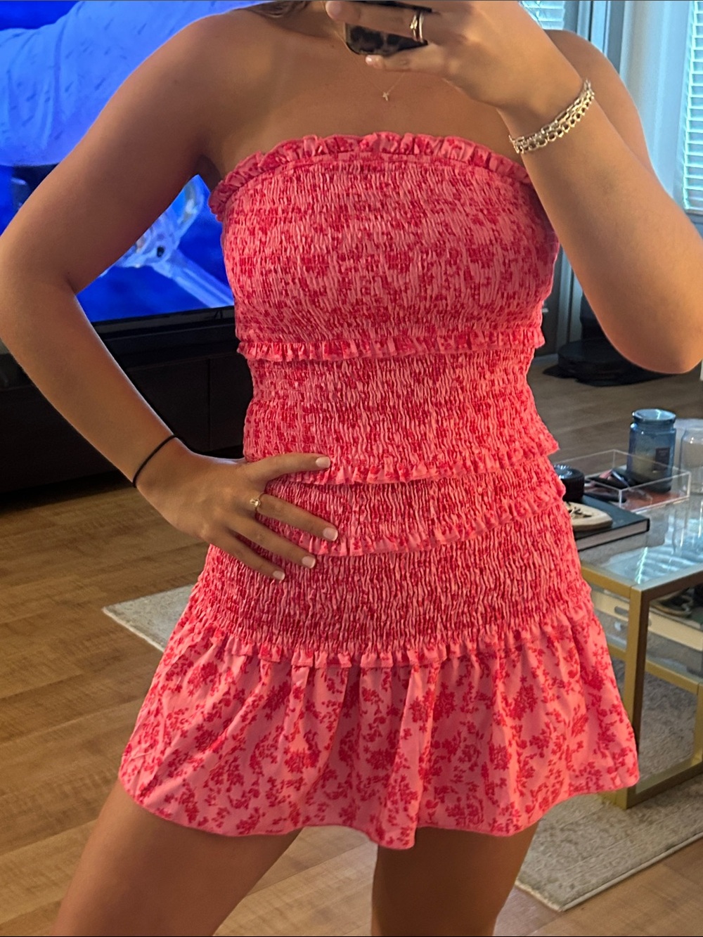 Vibrant Pink strapless Floral Dress